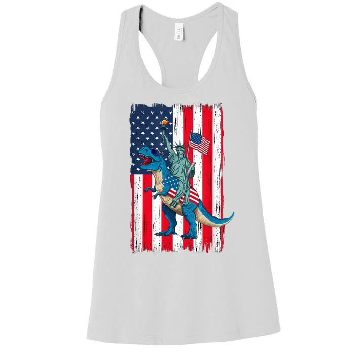 Dino Statue Of Liberty 4th Of July American Flag Women's Racerback Tank