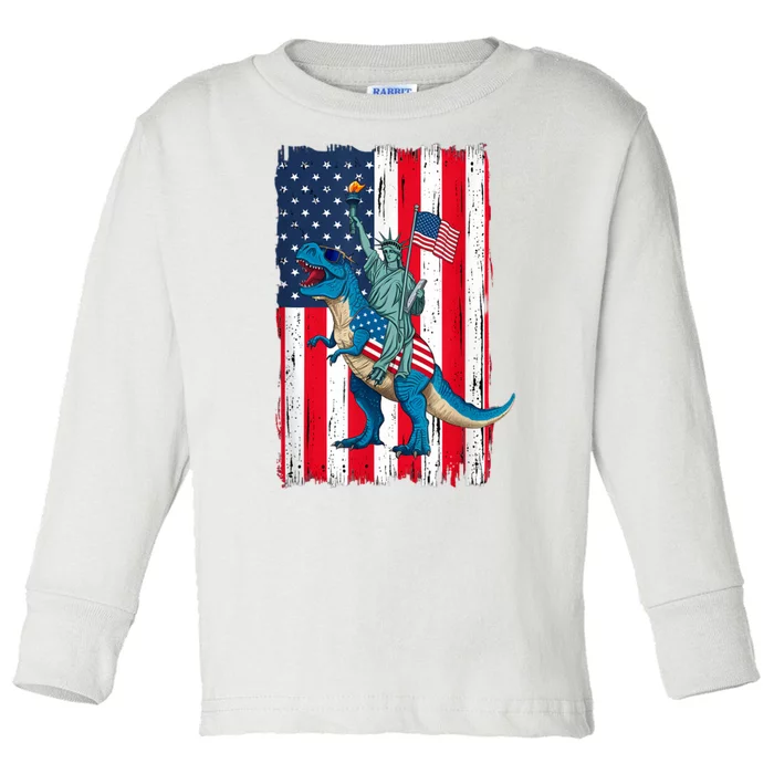 Dino Statue Of Liberty 4th Of July American Flag Toddler Long Sleeve Shirt