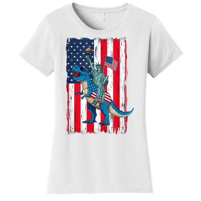 Dino Statue Of Liberty 4th Of July American Flag Women's T-Shirt