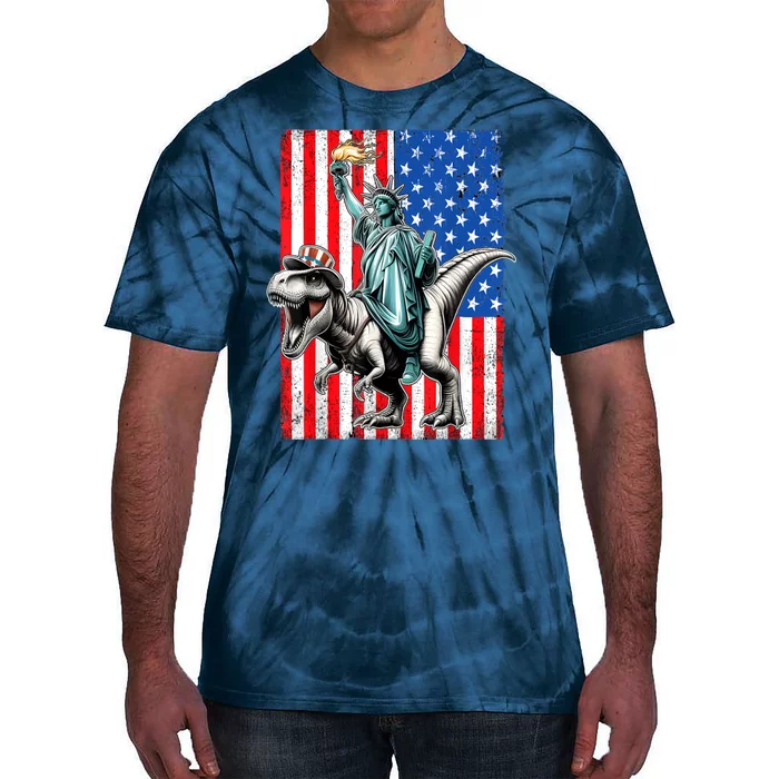 Dino Statue Of Liberty 4th Of July American Flag Tie-Dye T-Shirt