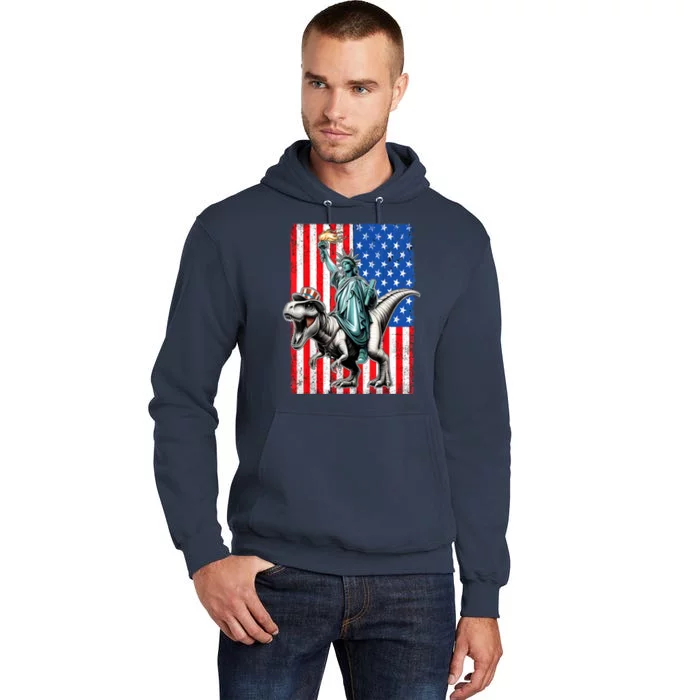 Dino Statue Of Liberty 4th Of July American Flag Tall Hoodie