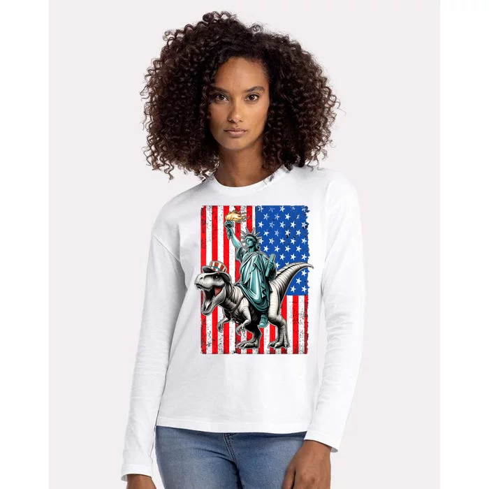 Dino Statue Of Liberty 4th Of July American Flag Womens Cotton Relaxed Long Sleeve T-Shirt