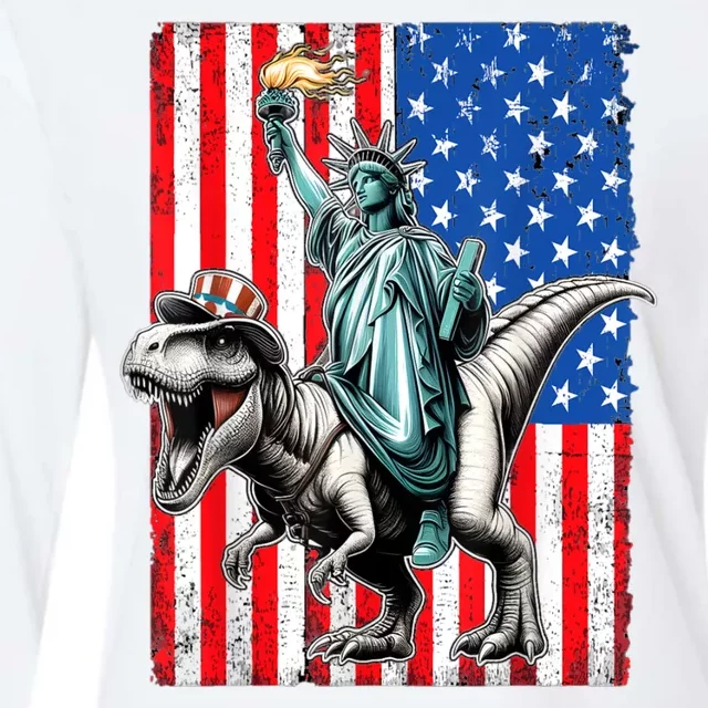 Dino Statue Of Liberty 4th Of July American Flag Womens Cotton Relaxed Long Sleeve T-Shirt