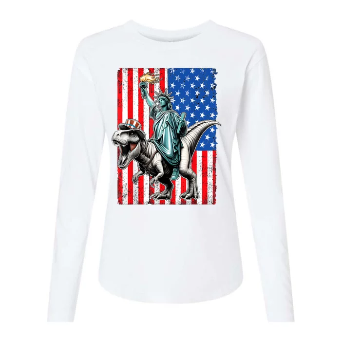 Dino Statue Of Liberty 4th Of July American Flag Womens Cotton Relaxed Long Sleeve T-Shirt