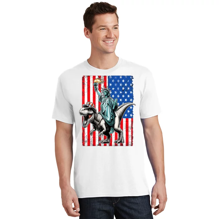 Dino Statue Of Liberty 4th Of July American Flag T-Shirt