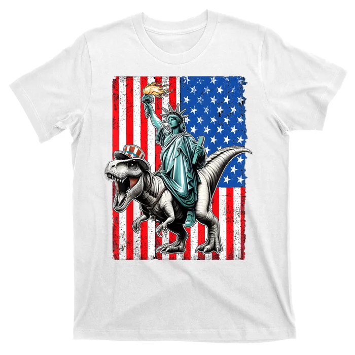 Dino Statue Of Liberty 4th Of July American Flag T-Shirt