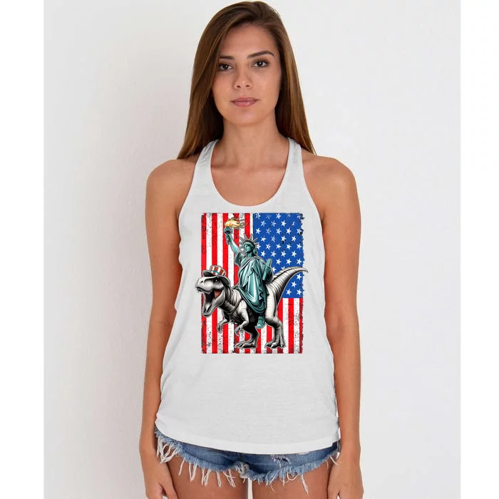 Dino Statue Of Liberty 4th Of July American Flag Women's Knotted Racerback Tank