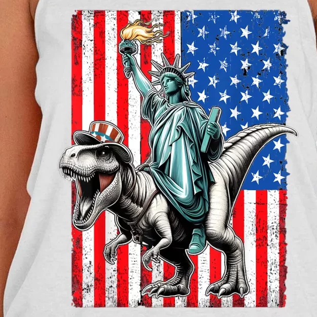 Dino Statue Of Liberty 4th Of July American Flag Women's Knotted Racerback Tank