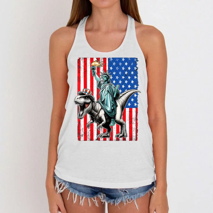 Dino Statue Of Liberty 4th Of July American Flag Women's Knotted Racerback Tank