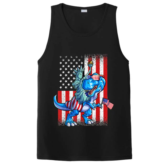 Dino Statue Of Liberty 4th Of July American Flag Performance Tank