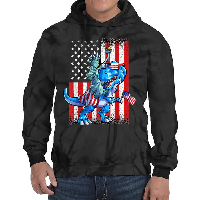 Dino Statue Of Liberty 4th Of July American Flag Tie Dye Hoodie