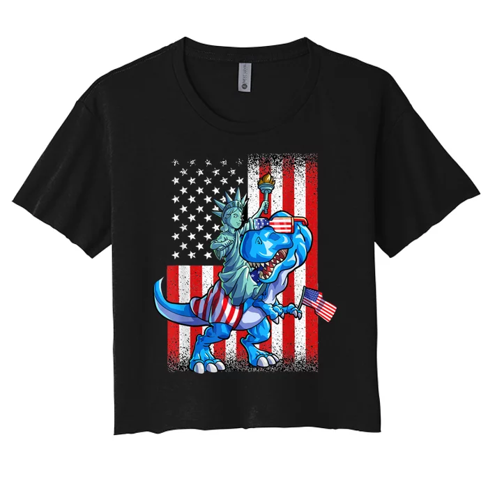 Dino Statue Of Liberty 4th Of July American Flag Women's Crop Top Tee