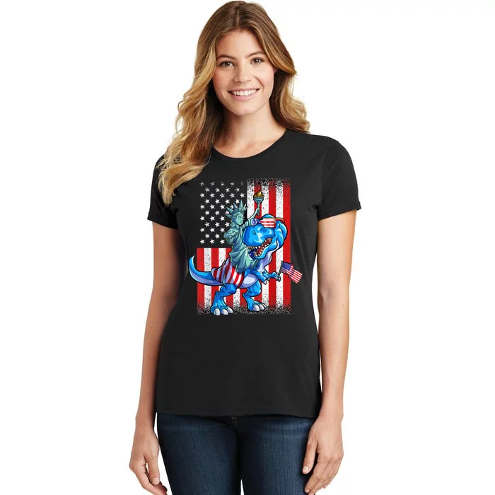 Dino Statue Of Liberty 4th Of July American Flag Women's T-Shirt