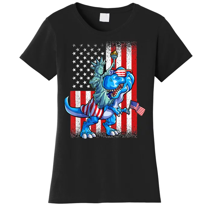 Dino Statue Of Liberty 4th Of July American Flag Women's T-Shirt