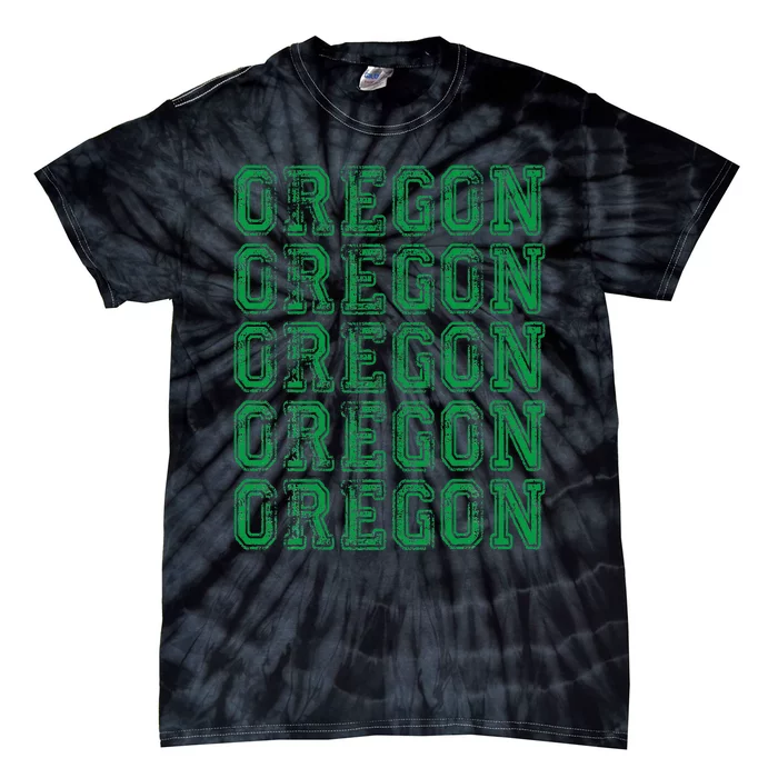 Distressed State Of Oregons Football Spirit Evergreen Sports Tie-Dye T-Shirt