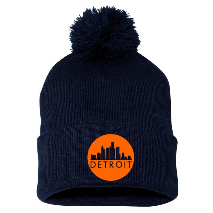 Detroit Simple Orange Logo Front And Back Front & Back Pom Pom 12in Knit Beanie