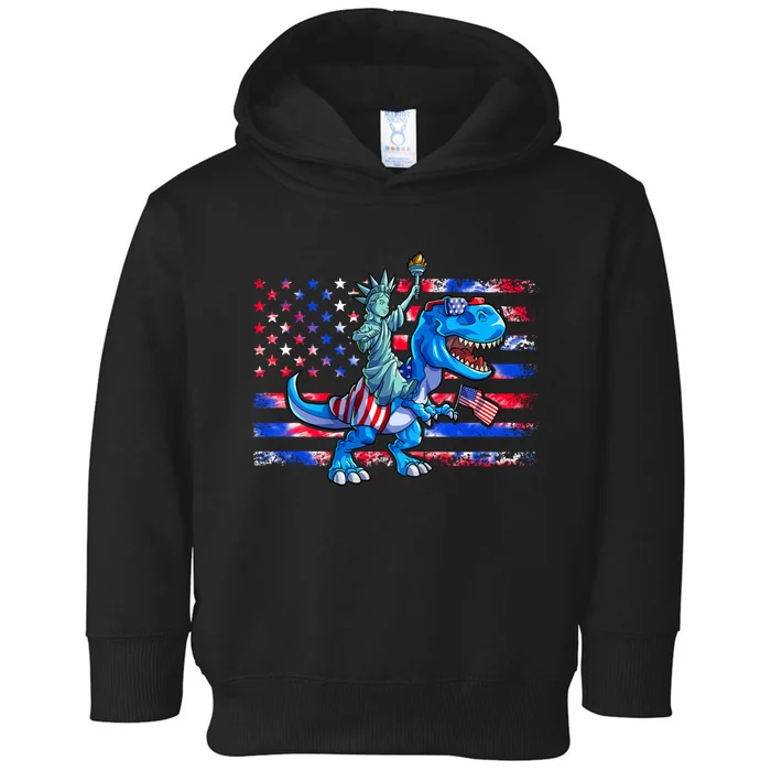 Dino Statue Of Liberty 4th Of July American Flag Toddler Hoodie