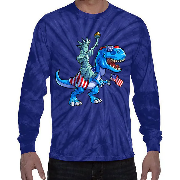 Dino Statue Of Liberty 4th Of July American Flag Tie-Dye Long Sleeve Shirt