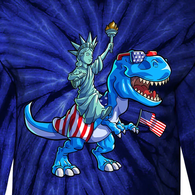 Dino Statue Of Liberty 4th Of July American Flag Tie-Dye Long Sleeve Shirt