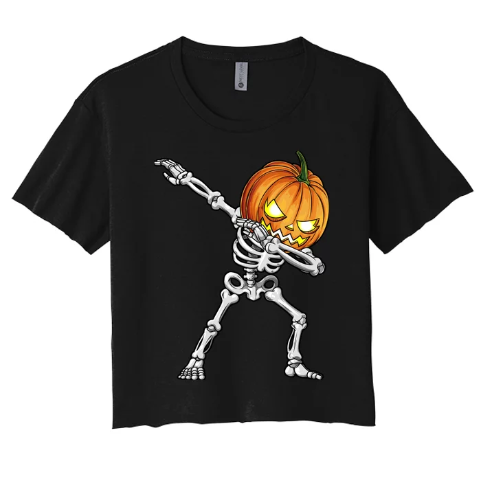 Dabbing Skeleton Pumpkin Halloween Dab Dance Costume Women's Crop Top Tee