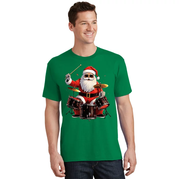 Drummer Santa Playing Drums Funny Christmas Drummer Xmas T-Shirt