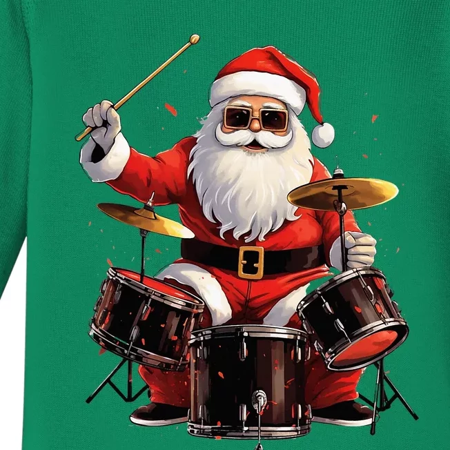 Drummer Santa Playing Drums Funny Christmas Drummer Xmas Baby Long Sleeve Bodysuit