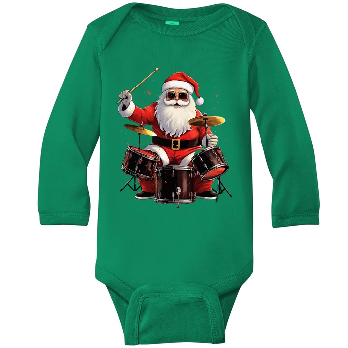 Drummer Santa Playing Drums Funny Christmas Drummer Xmas Baby Long Sleeve Bodysuit