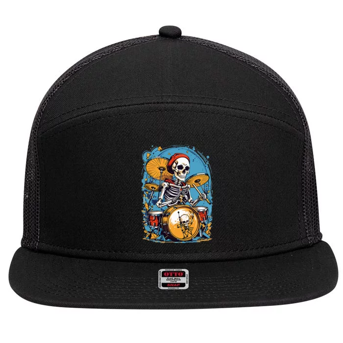 Drummer Skeleton Playing Drums For Halloween Graphic 7 Panel Mesh Trucker Snapback Hat