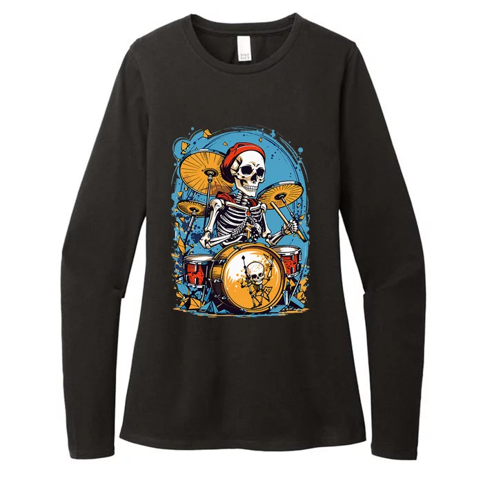 Drummer Skeleton Playing Drums For Halloween Graphic Womens CVC Long Sleeve Shirt