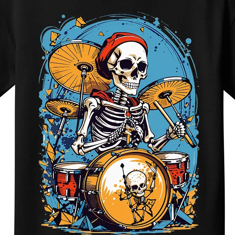 Drummer Skeleton Playing Drums For Halloween Graphic Kids T-Shirt