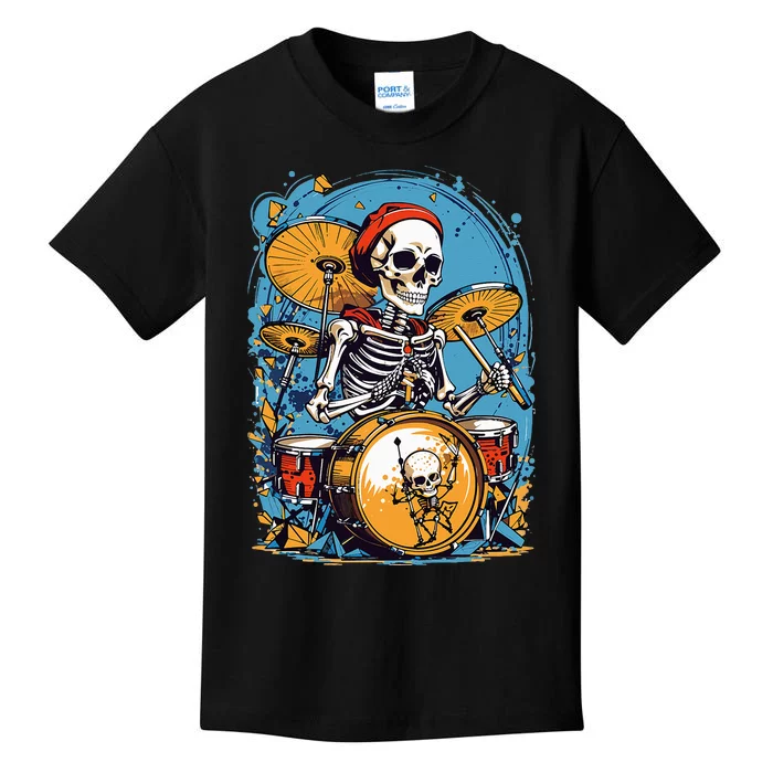 Drummer Skeleton Playing Drums For Halloween Graphic Kids T-Shirt