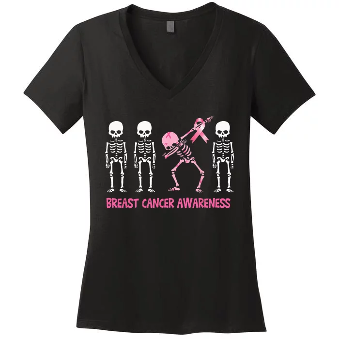 Dabbing Skeleton Pink Ribbon Breast Cancer Halloween Women's V-Neck T-Shirt