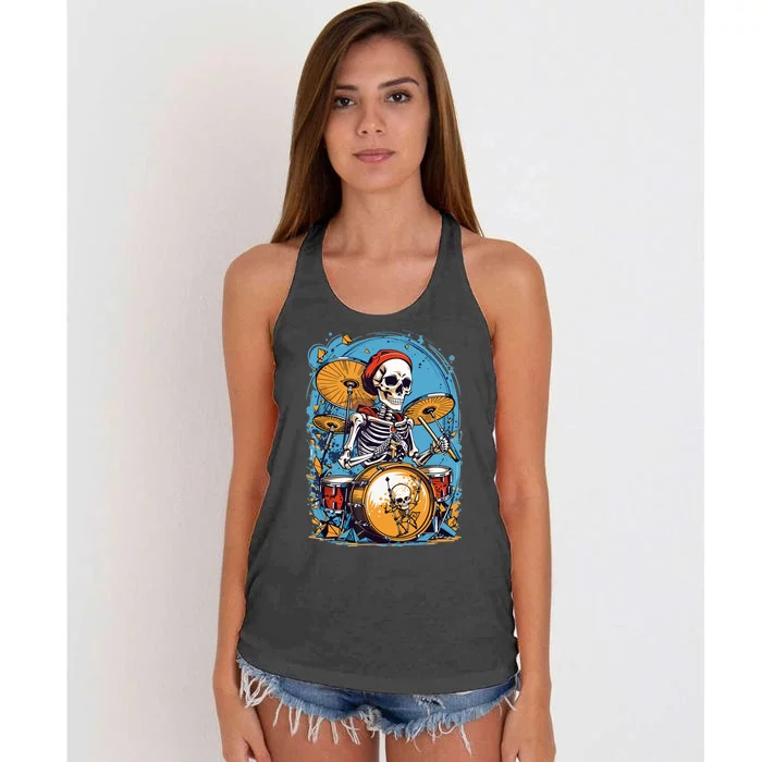 Drummer Skeleton Playing Drums For Halloween Graphic Women's Knotted Racerback Tank