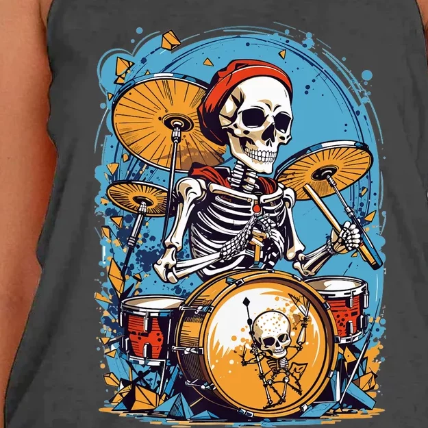 Drummer Skeleton Playing Drums For Halloween Graphic Women's Knotted Racerback Tank