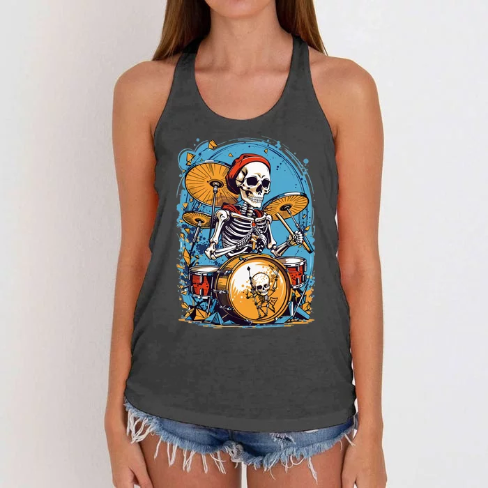 Drummer Skeleton Playing Drums For Halloween Graphic Women's Knotted Racerback Tank