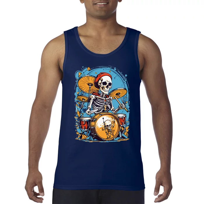 Drummer Skeleton Playing Drums For Halloween Graphic Tank Top