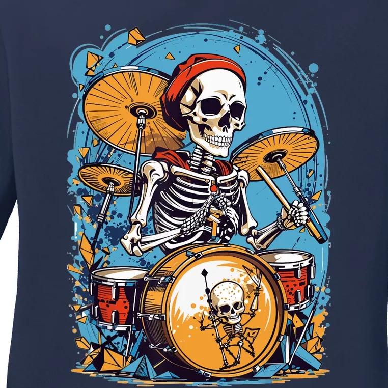 Drummer Skeleton Playing Drums For Halloween Graphic Ladies Long Sleeve Shirt