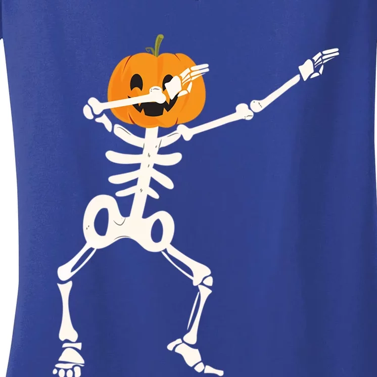 Dabbing Skeleton Pumpkin Head Funny Dab Gift Funny Gift Women's V-Neck T-Shirt