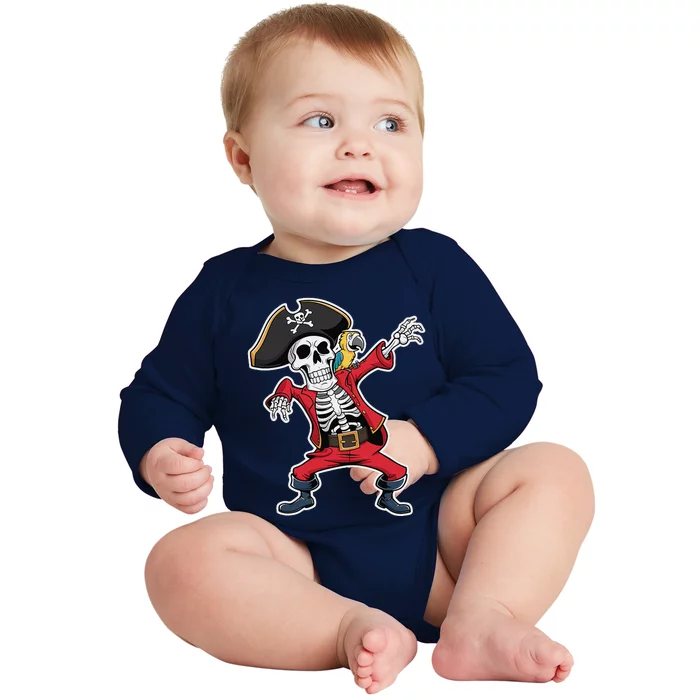 Dabbing Skeleton Pirate Halloween Jolly Roger Fun Baby Long Sleeve Bodysuit