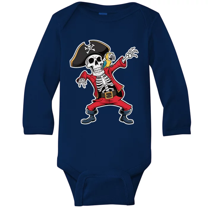 Dabbing Skeleton Pirate Halloween Jolly Roger Fun Baby Long Sleeve Bodysuit