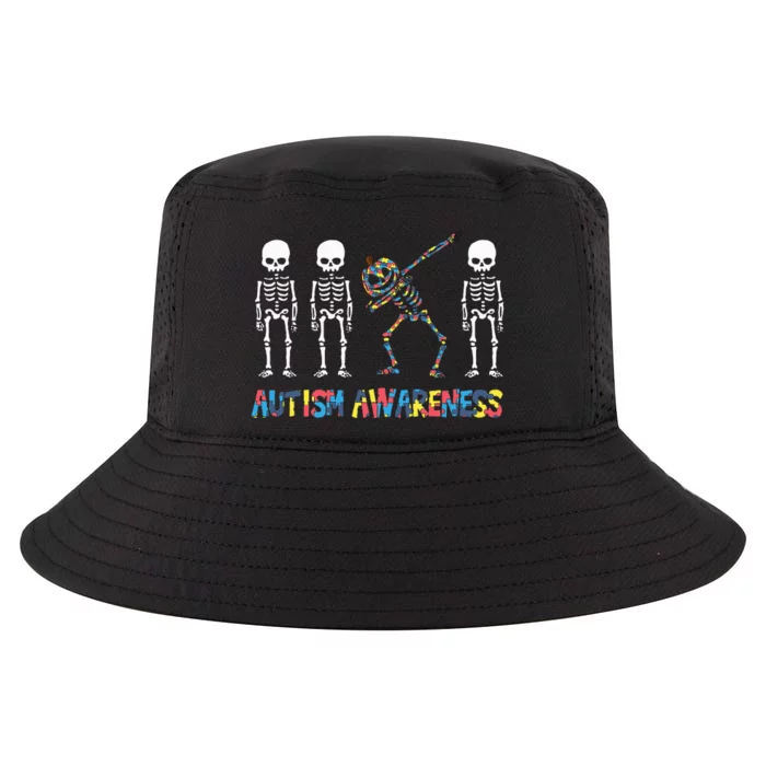 Dabbing Skeleton Pumpkin Spreading Autism Awareness on Halloween Cool Comfort Performance Bucket Hat