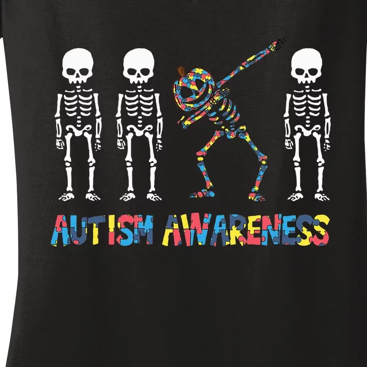 Dabbing Skeleton Pumpkin Spreading Autism Awareness on Halloween Women's V-Neck T-Shirt