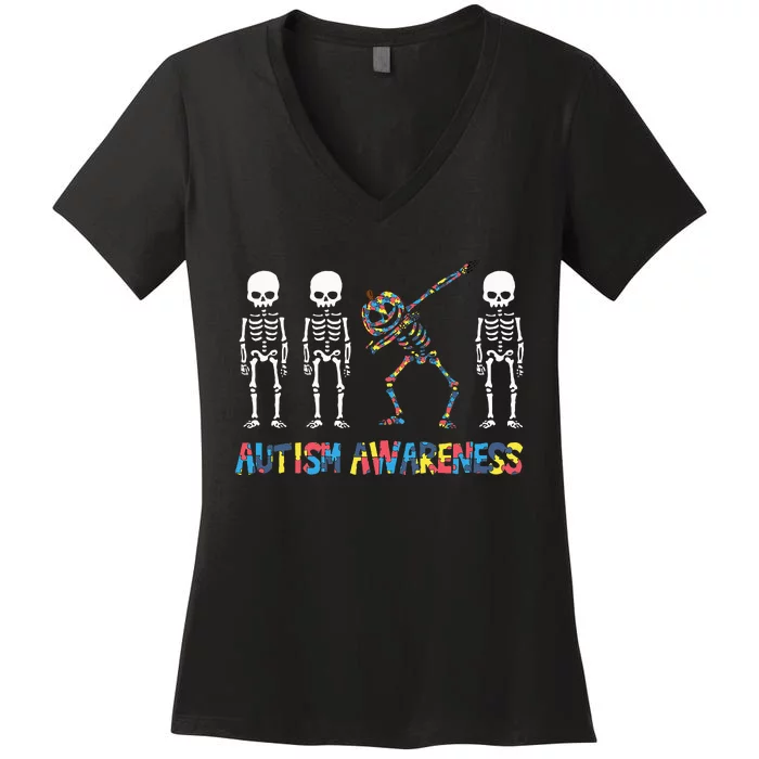 Dabbing Skeleton Pumpkin Spreading Autism Awareness on Halloween Women's V-Neck T-Shirt