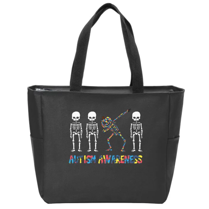 Dabbing Skeleton Pumpkin Spreading Autism Awareness on Halloween Zip Tote Bag