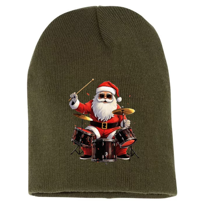 Drummer Santa Playing Drums Funny Christmas Drummer Xmas Short Acrylic Beanie