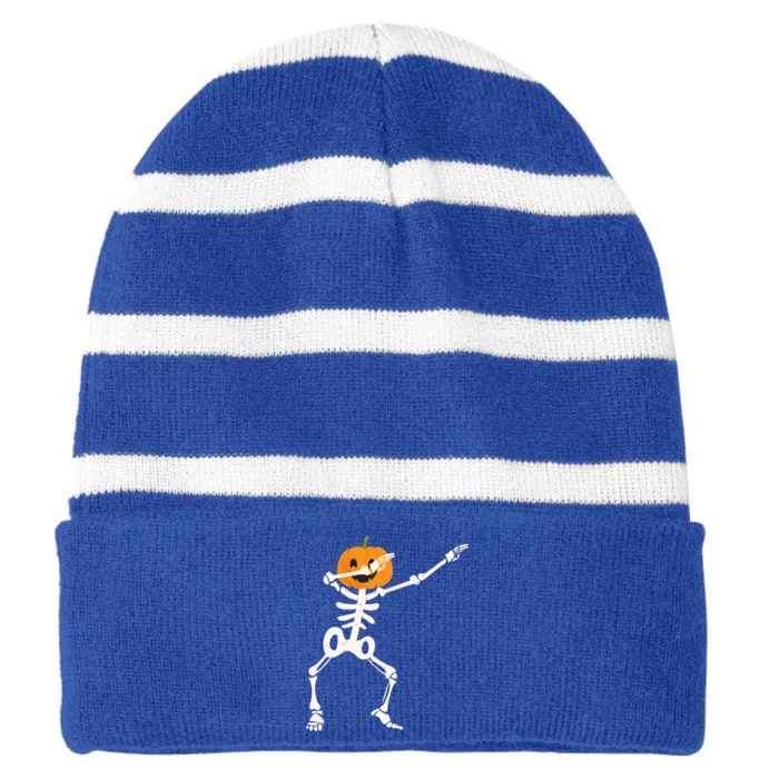 Dabbing Skeleton Pumpkin Head Funny Dab Gift Striped Beanie with Solid Band