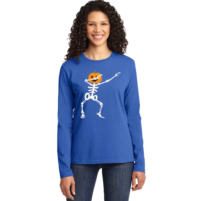 Dabbing Skeleton Pumpkin Head Funny Dab Gift Ladies Long Sleeve Shirt