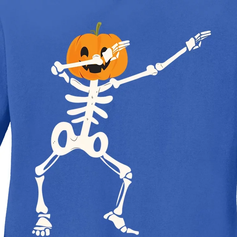 Dabbing Skeleton Pumpkin Head Funny Dab Gift Ladies Long Sleeve Shirt