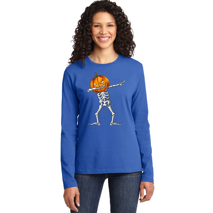 Dabbing Skeleton Pumpkin Halloween Costume Dab Gift Ladies Long Sleeve Shirt