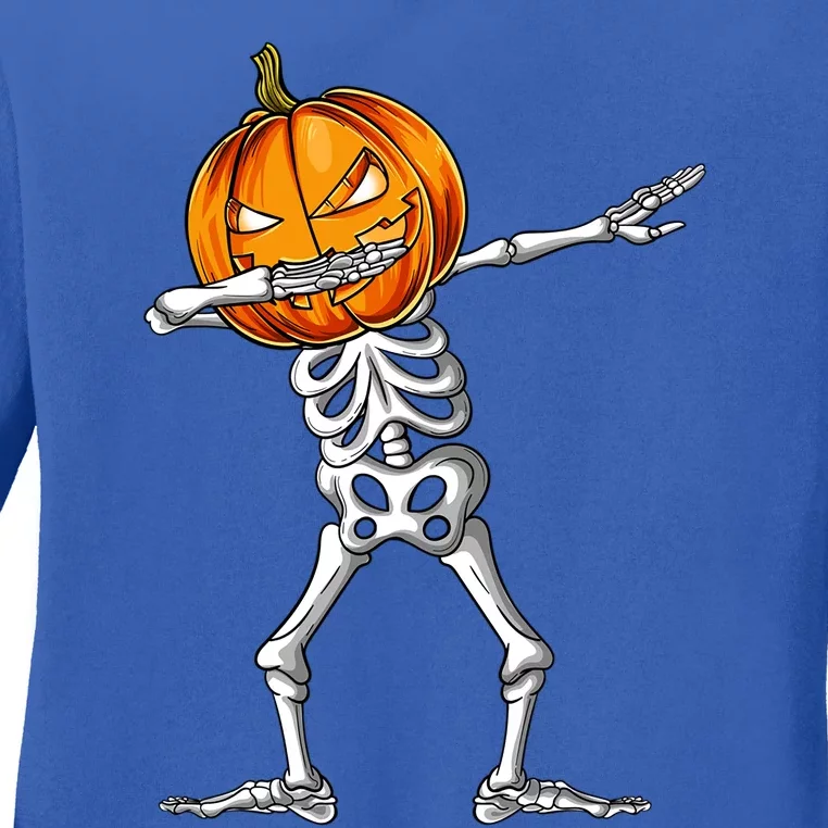 Dabbing Skeleton Pumpkin Halloween Costume Dab Gift Ladies Long Sleeve Shirt